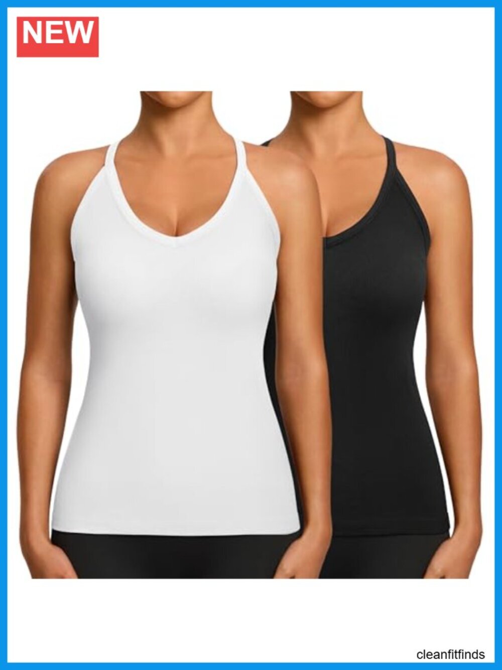 2 Pack Workout Tank Tops with Built in Bra V Neck Seamless Ribbed T-Back &